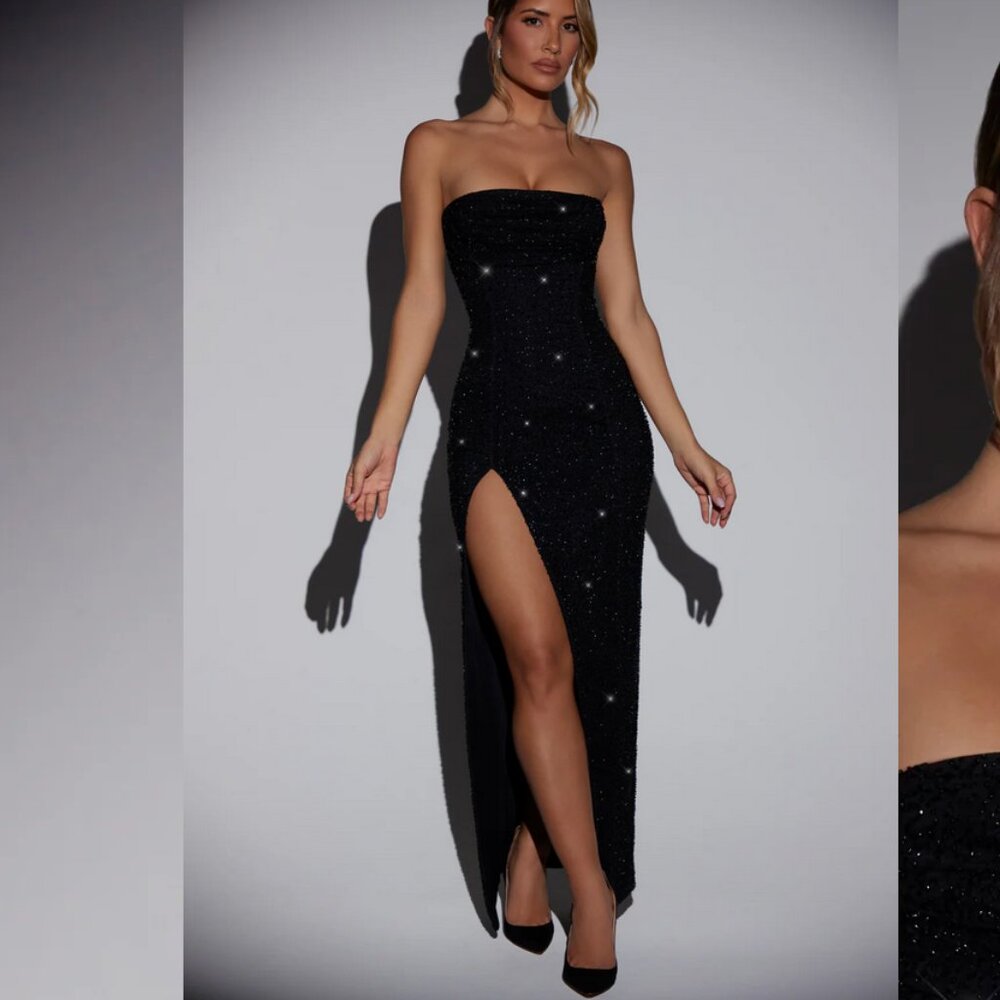 Oh Polly - La Rochette Embellished Bandeau Cowl Neck Maxi Dress in Black